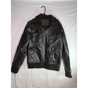 Guess Mens Brown Faux Leather Bomber Jacket Shearling Collar Medium 11ZK1159